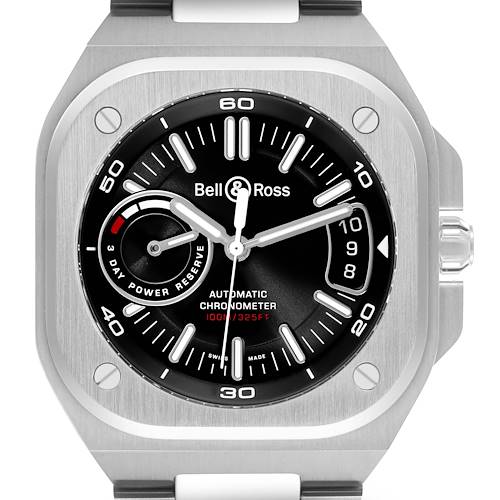 The Bell & Ross Urban BRX5R-BL-ST Men's Stainless Steel Black Dial BRX5R-BL-ST Men's Stainless Steel Black Dial model watch is shown in a front view, displaying the dial, hands, and power reserve indicator.
