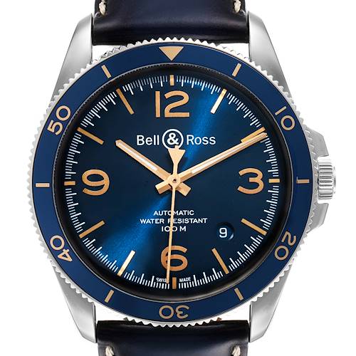 The image shows a front view of the Bell & Ross Heritage BRV292-BU-G-ST/SCA Men's Stainless Steel Blue Dial BRV292-BU-G-ST/SCA Men's Stainless Steel Blue Dial model watch, displaying its dial, bezel, crown, and part of the strap.
