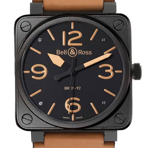 This image showcases a front view of the Bell & Ross Heritage BR01-92-S Men's Stainless Steel Black Dial BR01-92-S Men's Stainless Steel Black Dial model watch, highlighting its square case and dial.