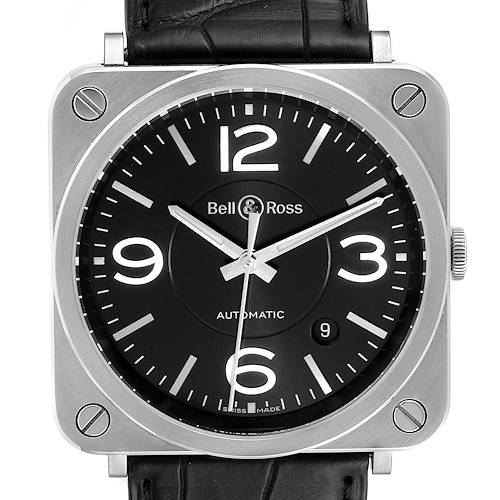 This image shows a front view of the Bell & Ross Officer Black Dial Automatic Steel BRS92 Men's Watch.