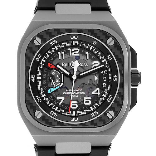 The Bell & Ross Urban BRX5 Men's Stainless Steel Grey Dial model is shown from a top view, highlighting the full watch face and bezel.