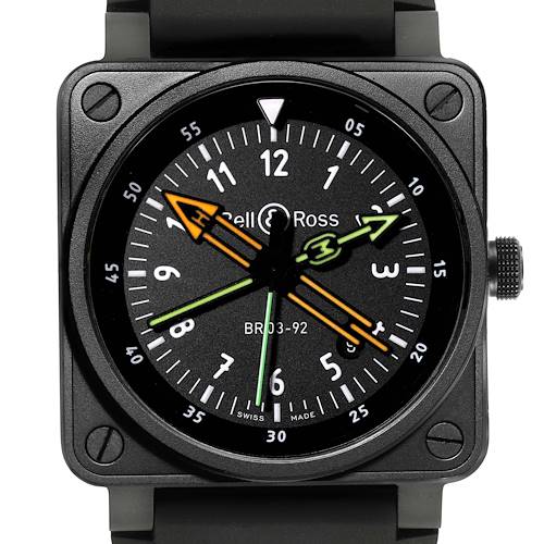 This image shows the face of a Bell & Ross Instruments BR0392-RCO-CE/SRB Men's Ceramic Black Dial BR0392-RCO-CE/SRB Men's Ceramic Black Dial model watch, highlighting its square case, dial, and hands.