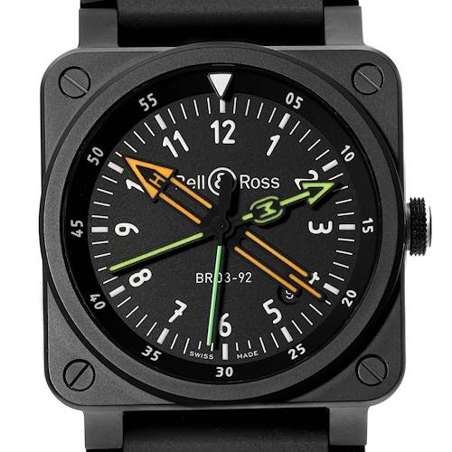 The image shows a front view of the Bell & Ross Chronograph BR03-92 watch, displaying its dial and hands.