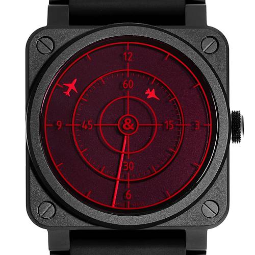 The Bell & Ross Instruments BR0392-RRDR-CE/SRB Men's Ceramic Black Dial BR0392-RRDR-CE/SRB Men's Ceramic Black Dial model watch is shown from a front angle, highlighting its square case and radar-inspired dial.