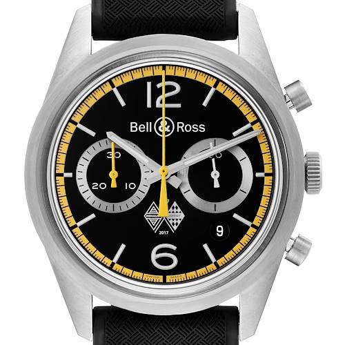 The image shows a front view of the Bell & Ross Heritage BRV126-RS40-ST Men's Stainless Steel Black Dial BRV126-RS40-ST Men's Stainless Steel Black Dial model watch, highlighting its dial, hands, and chronograph subdials.