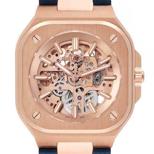 The Bell & Ross Urban BR05A-PG-SK-PG/SRB Men's Rose Gold Transparent Dial BR05A-PG-SK-PG/SRB Men's Rose Gold Transparent Dial model is shown from the front, highlighting its skeleton dial and rose gold case.