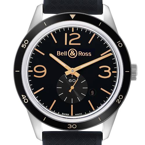 The Bell & Ross Vintage BR123 Men's Stainless Steel Black Dial watch is shown from a front view, displaying the face, bezel, hands, and part of the strap.