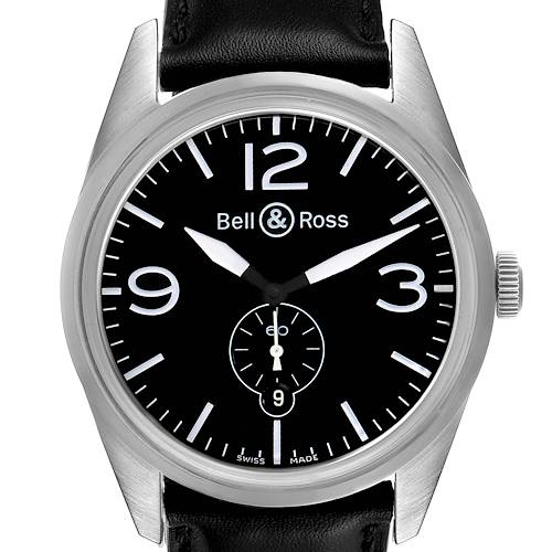 This image shows a frontal view of the Bell & Ross Vintage model watch, displaying its black dial, numerals, hands, and leather strap.