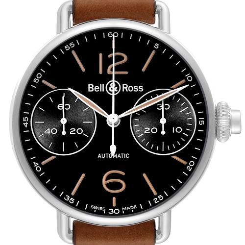 The image shows a frontal view of a Bell & Ross Heritage BRWW1-MP01 Men's Stainless Steel Black Dial BRWW1-MP01 Men's Stainless Steel Black Dial model watch with a black dial and tan leather strap.