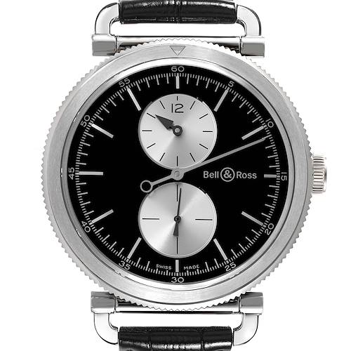This image shows a front view of the Bell & Ross Heritage BRV294-BC-BR/SCA Men's Stainless Steel Black Dial BRV294-BC-BR/SCA Men's Stainless Steel Black Dial model watch, highlighting its dial, subdials, and crown.