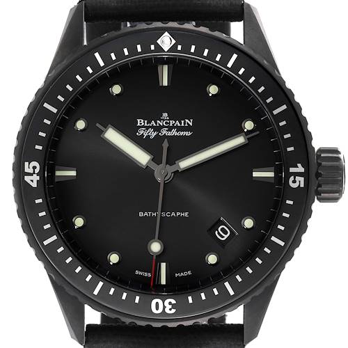 This image shows a close-up view of the dial and bezel of the Blancpain Fifty Fathoms 5000-0130-B52A Men's Ceramic Black Dial 5000-0130-B52A Men's Ceramic Black Dial Bathyscaphe watch.