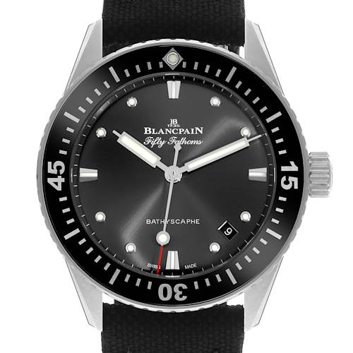 The Blancpain Fifty Fathoms 5100B-1110-B52A Men's Stainless Steel Grey Dial 5100B-1110-B52A Men's Stainless Steel Grey Dial watch is shown from the front, highlighting the dial, bezel, crown, and strap.