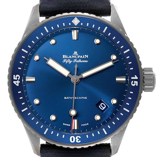 This Blancpain Fifty Fathoms 5000-0240-052A Men's Ceramic Blue Dial 5000-0240-052A Men's Ceramic Blue Dial watch is shown from a front angle, displaying the face, bezel, and crown.