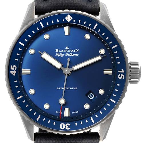 This image shows a front view of the Blancpain Fifty Fathoms 5000-0240-052A Men's Ceramic Blue Dial 5000-0240-052A Men's Ceramic Blue Dial Bathyscaphe watch, highlighting its blue dial and bezel.