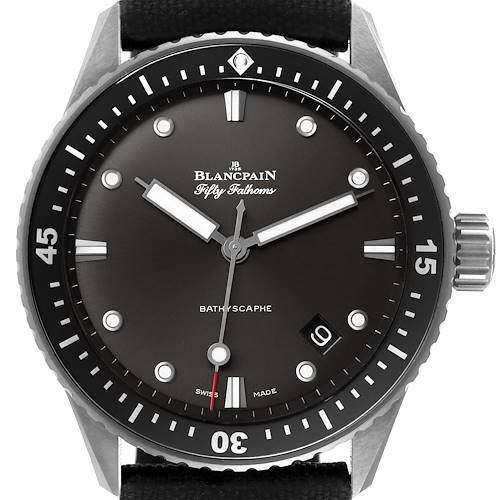 The image shows a front view of the Blancpain Fifty Fathoms 5000-1110-B52A Men's Stainless Steel Grey Dial 5000-1110-B52A Men's Stainless Steel Grey Dial Bathyscaphe watch, highlighting the dial, bezel, crown, and strap attachment points.