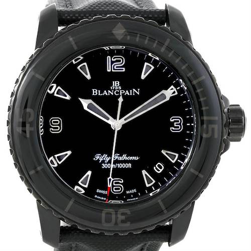 The image shows a front view of the Blancpain Fifty Fathoms 5015-11C30-52 Men's Stainless Steel Black Dial 5015-11C30-52 Men's Stainless Steel Black Dial watch, displaying its face, hands, and bezel.