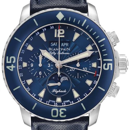 The Blancpain Fifty Fathoms model 5066F-1140-52B is shown from the front, displaying its blue dial, chronograph sub-dials, date indicators, and bezel.