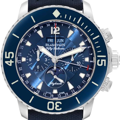 This image shows a close-up view of the dial of the Blancpain Fifty Fathoms 5066F-1140-52A Men's Stainless Steel Blue Dial 5066F-1140-52A Men's Stainless Steel Blue Dial watch, featuring various complications.