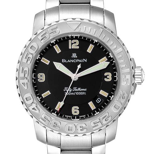 The image shows a front view of a Blancpain Fifty Fathoms 2200-1130-71 Men's Stainless Steel Black Dial 2200-1130-71 Men's Stainless Steel Black Dial watch, displaying its bezel, dial, and stainless steel bracelet.
