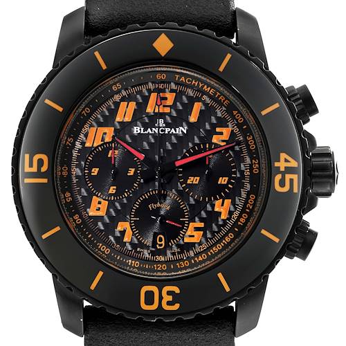 This image shows a close-up, frontal view of the Blancpain Fifty Fathoms 5785F-11D03-63A Men's Stainless Steel Black Dial 5785F-11D03-63A Men's Stainless Steel Black Dial watch, highlighting the face and bezel.