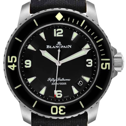 The image shows a front view of the Blancpain Fifty Fathoms 5015-1130-52A Men's Titanium Black Dial 5015-1130-52A Men's Titanium Black Dial watch, highlighting the dial, bezel, and crown.