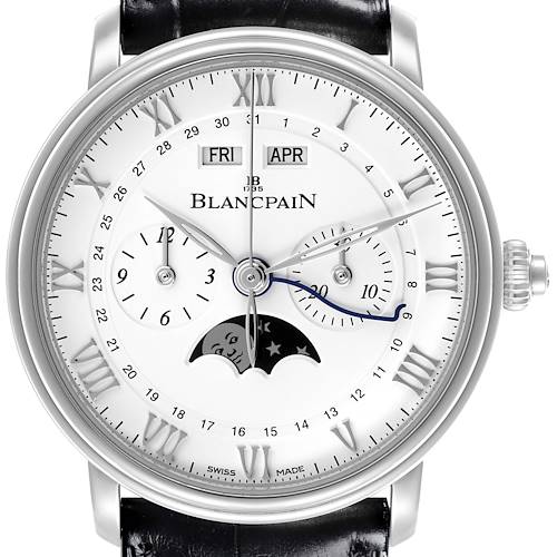 The Blancpain Villeret 6685-1127-55B Men's Stainless Steel White Dial 6685-1127-55B Men's Stainless Steel White Dial watch is shown from a front angle, highlighting its dial, moon phase, and leather strap.