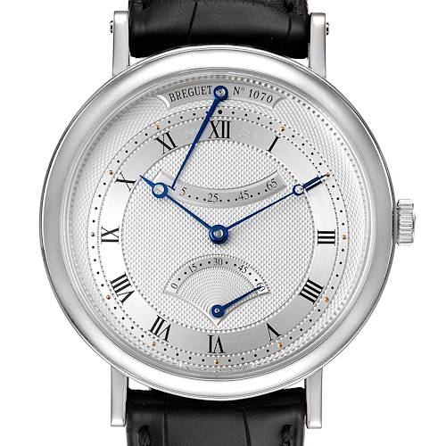 The image shows a frontal view of the Breguet Classique 5207BB/12/9V6 Men's Stainless Steel Silver Dial 5207BB/12/9V6 Men's Stainless Steel Silver Dial watch, highlighting its dial, hands, and leather strap.