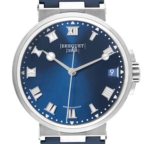 This image shows a Breguet Marine 5517TI/Y1/5ZU Men's Titanium Blue Dial 5517TI/Y1/5ZU Men's Titanium Blue Dial model watch from the front, highlighting its blue dial, silver Roman numerals, hands, and date window.