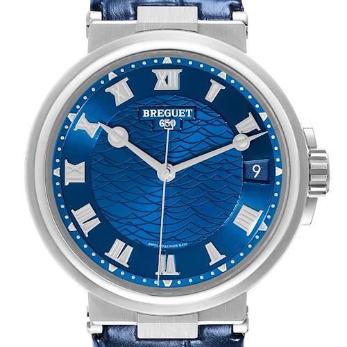The image shows a frontal view of the Breguet Marine 5517BB/Y2/9ZU Men's White Gold Blue Dial 5517BB/Y2/9ZU Men's White Gold Blue Dial watch, highlighting its blue dial, Roman numerals, and date window at 3 o'clock.