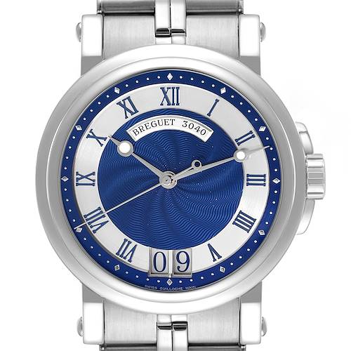 The image shows a front view of the Breguet Marine 5817ST/Y2/SV0 Men's Stainless Steel Blue Dial 5817ST/Y2/SV0 Men's Stainless Steel Blue Dial model watch, featuring Roman numerals and a blue and silver dial.