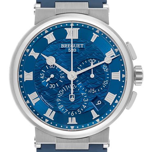 The Breguet Marine 5527BB/Y2/5WV Men's White Gold Blue Dial 5527BB/Y2/5WV Men's White Gold Blue Dial watch is shown from the front, featuring its blue dial, Roman numerals, sub-dials, and crown.