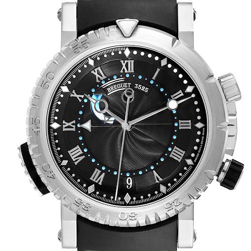 The Breguet Marine 5847BB/92/5ZV Men's White Gold Black Dial 5847BB/92/5ZV Men's White Gold Black Dial model watch is shown from a front angle, highlighting its face, bezel, and crown.