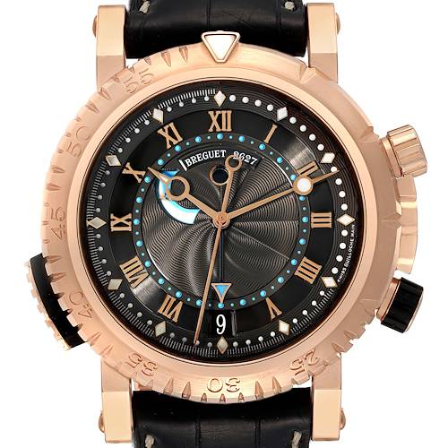 The image shows a Breguet Marine 5847BR/Z2/5ZV Men's Rose Gold Black Dial 5847BR/Z2/5ZV Men's Rose Gold Black Dial model watch, featuring its face, bezel, and strap, viewed directly from the front.