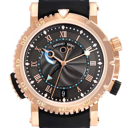 The Breguet Marine 5847BR/Z2/5ZV Men's Rose Gold Black Dial 5847BR/Z2/5ZV Men's Rose Gold Black Dial watch is shown from the front, highlighting its dial, bezel, and black rubber strap.