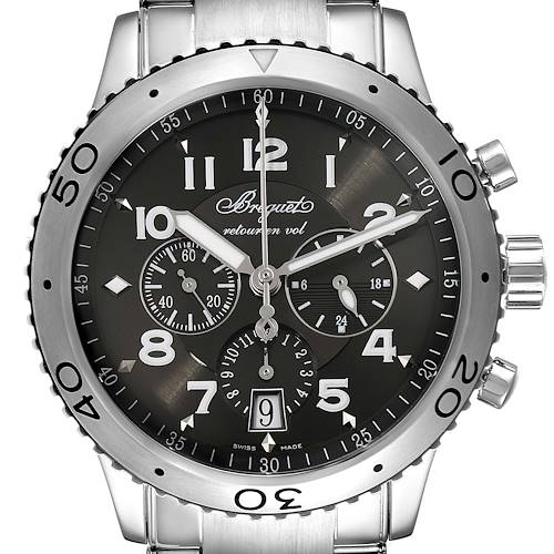 The image shows a frontal view of a Breguet Type XX - XXI - XXII 3810ST/92/SZ9 Men's Stainless Steel Silver Dial 3810ST/92/SZ9 Men's Stainless Steel Silver Dial watch with detailed view of the dial, bezel, and crown.