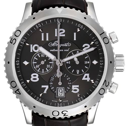 The image shows a front view of a Breguet Type XX - XXI - XXII 3810ST/92/9ZU Men's Stainless Steel Silver Dial 3810ST/92/9ZU Men's Stainless Steel Silver Dial watch, displaying its dial, bezel, and leather strap.