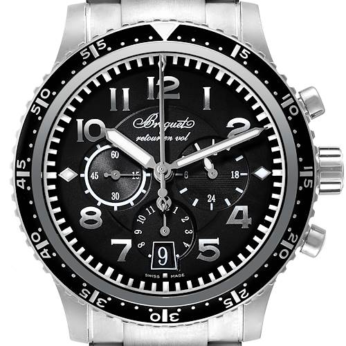 The image shows a Breguet Type XX - XXI - XXII 3810T Men's Titanium Black Dial 3810T Men's Titanium Black Dial watch from the front, displaying its dial, bezel, hands, and pushers.