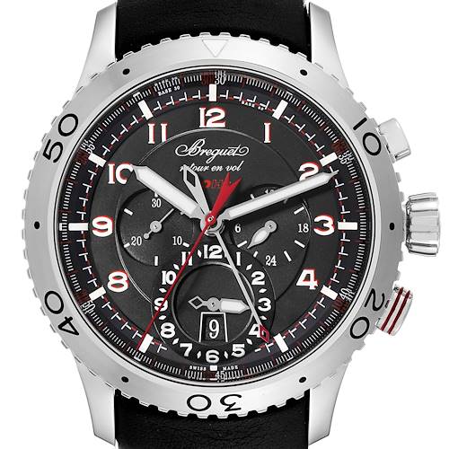 The image shows a close-up, front view of a Breguet Type XX - XXI - XXII 61688 Men's Stainless Steel Black Dial 61688 Men's Stainless Steel Black Dial watch, highlighting its dial and bezel details.