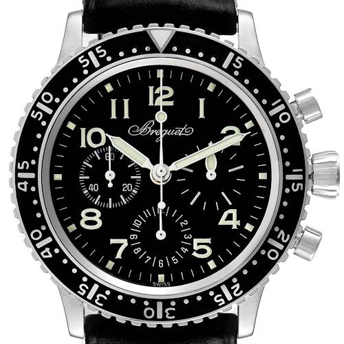 This image shows a front view of the Breguet Type XX - XXI - XXII 3803ST/92/3W6 Men's Stainless Steel Black Dial 3803ST/92/3W6 Men's Stainless Steel Black Dial model watch, detailing the dial, bezel, and pushers.
