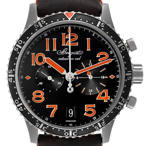 The image shows a front view of the Breguet Type XX - XXI - XXII 3815TI/HO/3ZU Men's Titanium Black Dial 3815TI/HO/3ZU Men's Titanium Black Dial watch, highlighting its dial, hands, bezel, and pushers.