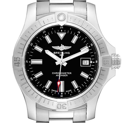 The Breitling Avenger A17318 Men's Stainless Steel Black Dial watch is shown from a front angle, highlighting the dial, bezel, and part of the metal bracelet.