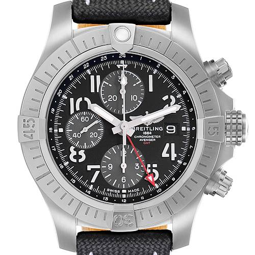 The Breitling Avenger A24315 Men's Stainless Steel Black Dial watch is shown from a straight-on angle, highlighting its bezel, dial, chronograph subdials, and strap.