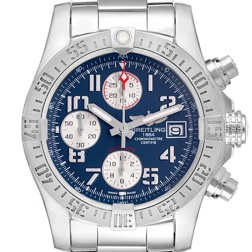 The Breitling Avenger A13381 Men's Stainless Steel Blue Dial watch is shown from a front angle, highlighting the face, bezel, buttons, and metal bracelet.