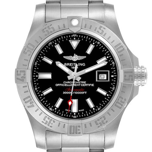The Breitling Avenger A17331 Men's Stainless Steel Black Dial watch is shown from the front, displaying the dial, bezel, case, and bracelet.
