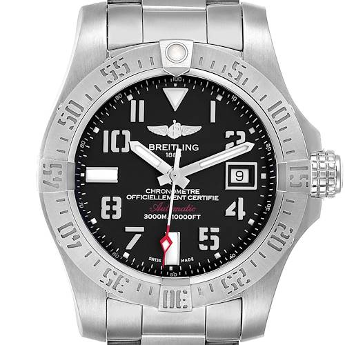 The Breitling Avenger A17331 Men's Stainless Steel Black Dial watch is shown from the front, highlighting the face, bezel, and crown.