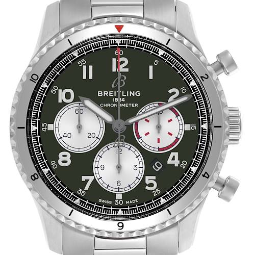 The Breitling Aviator AB01192A1L1A1 Men's Stainless Steel Green Dial AB01192A1L1A1 Men's Stainless Steel Green Dial watch is shown from the front, highlighting the dial, bezel, and chronograph buttons.