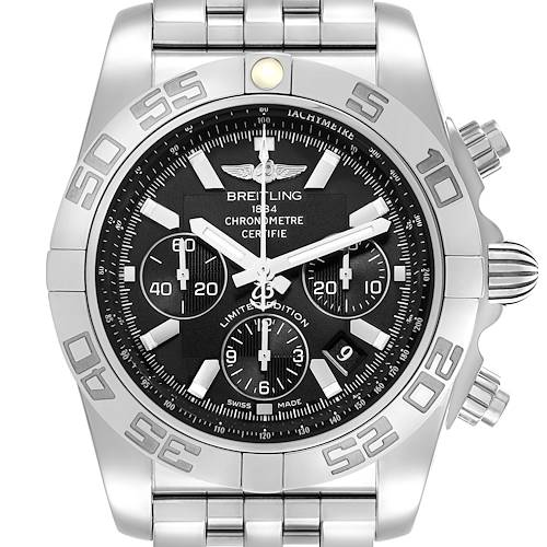 The Breitling Chronomat AB0111 Men's Stainless Steel Black Dial watch is shown from a front angle, highlighting the dial, bezel, and chronograph sub-dials.