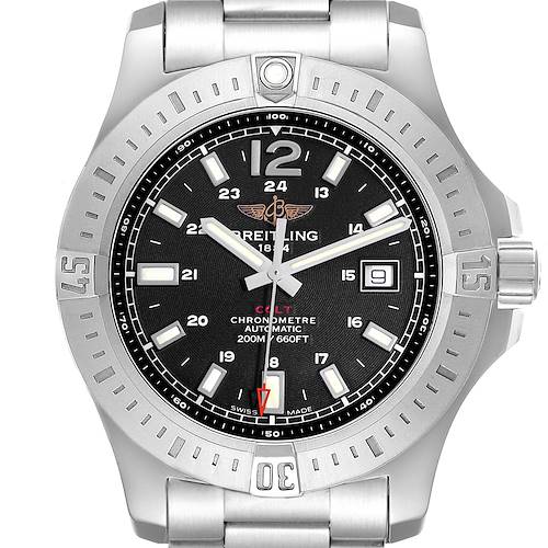 The Breitling Colt A17388 Men's Stainless Steel Black Dial watch is shown from a front angle, featuring the dial, bezel, hands, and part of the bracelet.