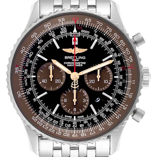 The Breitling Navitimer AB0127E3/BE81 Men's Stainless Steel Black Dial AB0127E3/BE81 Men's Stainless Steel Black Dial watch is shown from the front, highlighting its dial, subdials, bezel, and bracelet.