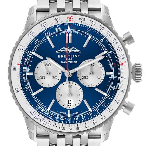 The Breitling Navitimer AB0137 Men's Stainless Steel Blue Dial watch is shown from a front view, displaying the face, bezel, and part of the bracelet band.